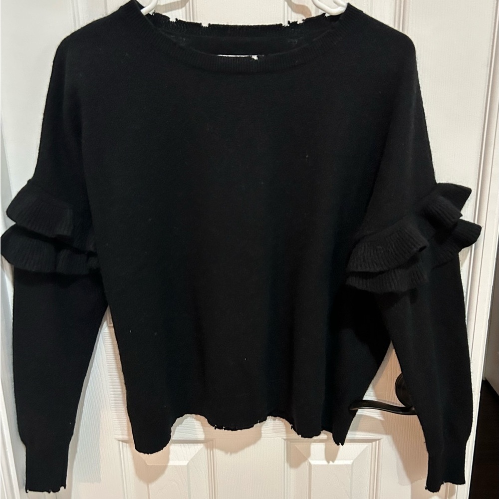 Current/Elliott Black Ruffle Sleeve Distressed Sweater 70% wool 30% cashmere 0